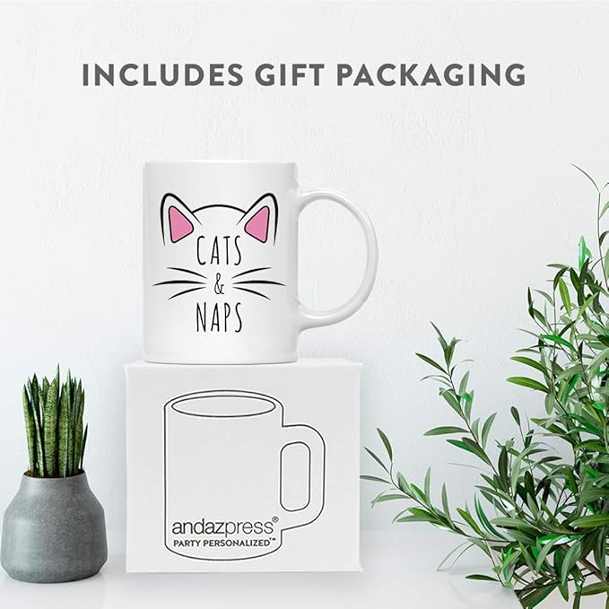 Andaz Press Funny Cat Lover 11oz. Ceramic Coffee Tea Mug, Cats & Naps, 1-Pack, for Cat Mom, Birthday Christmas Ideas, Includes Box