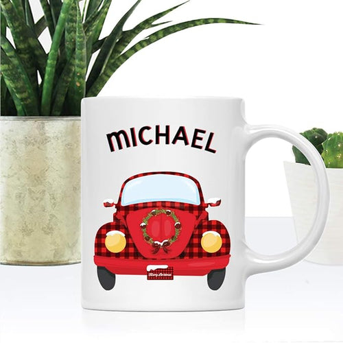 Andaz Press Personalized 11oz. Kids Hot Chocolate Mug, Red VW Bug Car with Wreath, 1-Pack, Custom Child’s Birthday Christmas Coffee Cup
