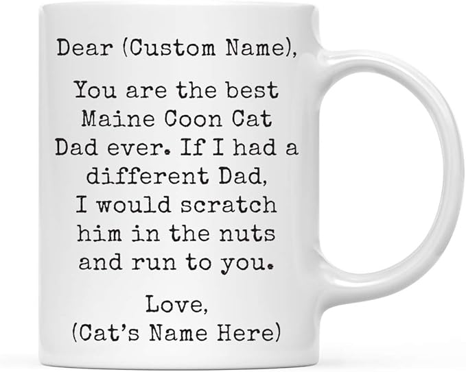 Andaz Press Personalized Funny Dad 11oz. Coffee Mug Gag Gift, Best Maine Coon Cat Dad, Scratch in Nuts and Run to You, 1-Pack, Custom Cat Lover's Christmas Birthday Ideas, Includes Gift Box