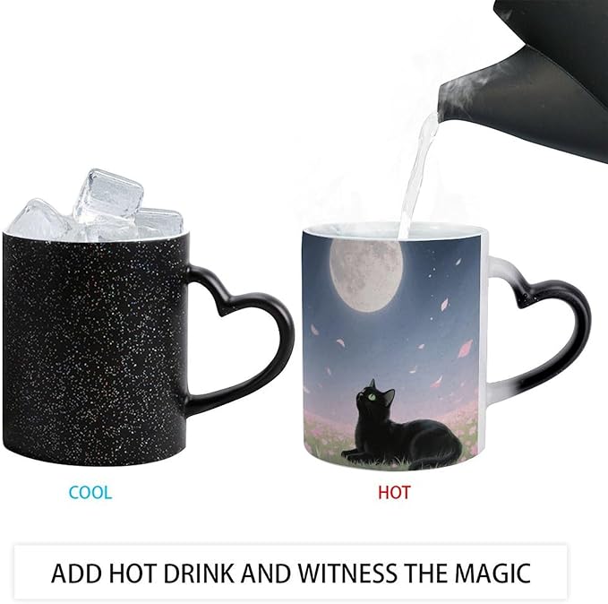 Aesthetic Cat Color Changing Mug 11oz, Heat Sensitive Coffee Mug Reveals Pattern with Hot Liquid, Ceramic Novelty Coffee Cup with Heart Shaped Handle, Funny Gift