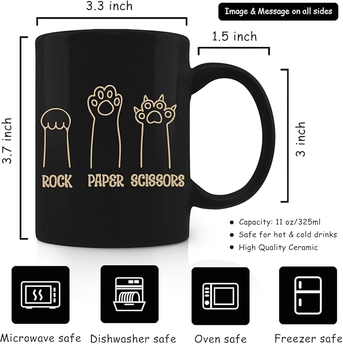 Cat Paw Black Mugs - Cute Paw Designs for Cat Lovers, Rock Paper Scissors Mug 11oz