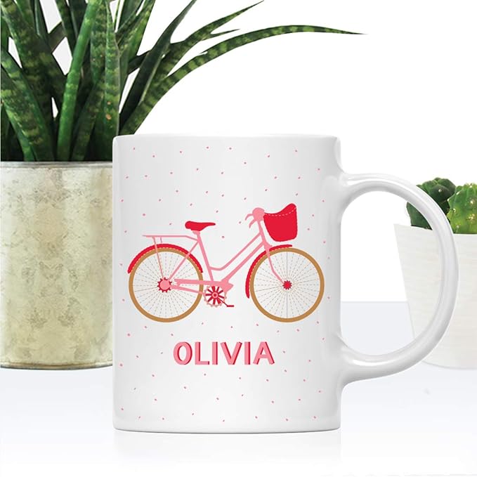 Andaz Press Personalized 11oz. Kids Hot Chocolate Mug, Pink and Red Bike, 1-Pack, Custom Child’s Bicycle Birthday Christmas Coffee Cup