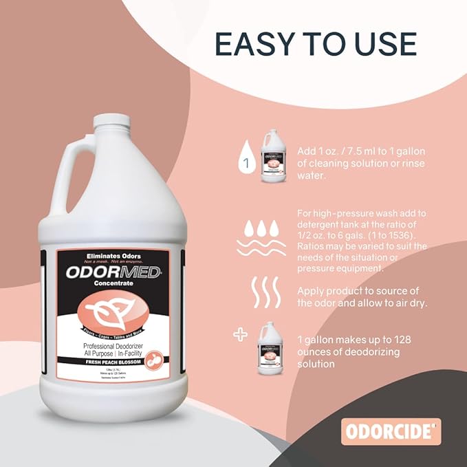 Odorcide Odormed Odor Eliminator Concentrate - Pet Odor Eliminator for Strong Odor on Floors, Walls, Cages & More - All-Purpose with Safe, Non-Enzymatic Formula (1 Gal, Fresh Peach Blossom)
