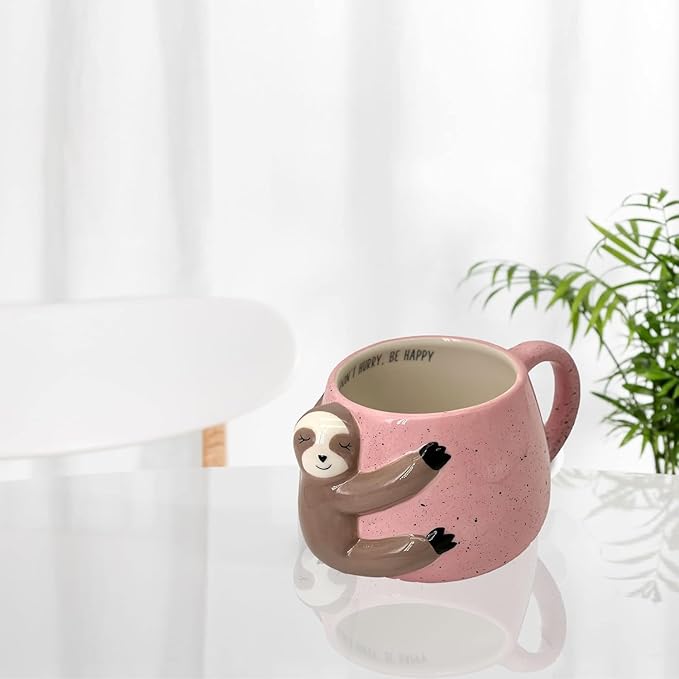 VOTUM Sloth Ceramic Coffee or Tea Mug - Animal Shaped Coffee Cup with Hand Printed Designs Saying “Don't Hurry. Be Happy” - Cute Handmade Gift for Men or Women Sloth Lovers – 18.6 Fluid Ounce