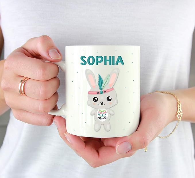 Andaz Press Personalized 11oz. Kids Milk Hot Chocolate Mug, Tribal Rabbit, 1-Pack, Custom Child’s Birthday Christmas Coffee Cup