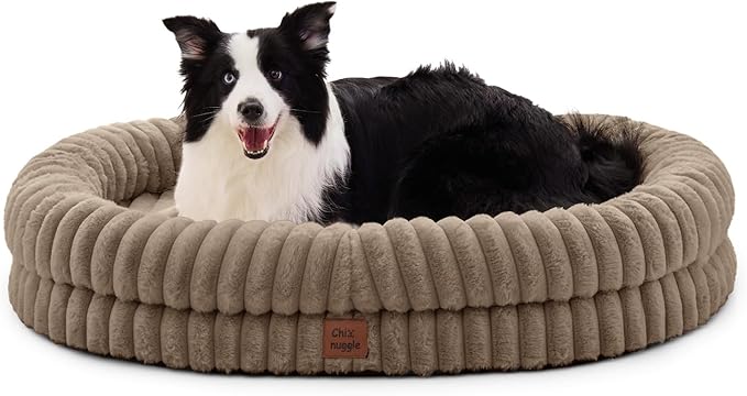 ChiXnuggle XL Dog Bed - Luxury Striped Faux Fur Waterproof Pet Couch with Removable Washable Cover, Orthopedic Dog Bed with Bolster Sides for Sleeping, Taupe