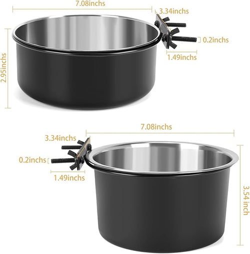 2 Pcs Black Large Pet Dog Food Water Bowl for Cage Stainless Steel Non-Spill Kennel Hanging Cats Bowls with Clamp Holder Crate Feeder Dish for Medium Large Dogs Huge Pets (7.1x3.7'' & 7.1x2.5'')