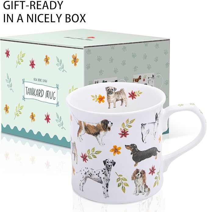 Cute Dog Coffee Mug, 12 oz Premium New Bone China Tankard Coffee Tea Mug, Holiday and Birthday Gift for Women, Dog Lovers, Dog Moms and Best Friends, Designed in England by Harvest Green Studio