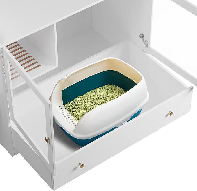 Extra Large Cat Litter Box Enclosure Furniture Hidden, Cat Condo Cabinet Pet House with Stairs for 2, Nightstand Side Table with a Drawer for Living Room, White