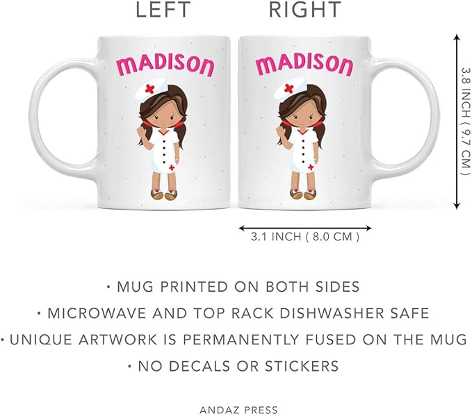 Andaz Press Personalized 11oz. Kids Milk Hot Chocolate Mug, Brown Haired Girl Nurse with Two Plaits, 1-Pack, Custom Child’s Birthday Christmas Coffee Cup