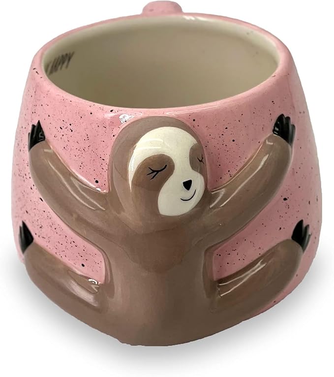 VOTUM Sloth Ceramic Coffee or Tea Mug - Animal Shaped Coffee Cup with Hand Printed Designs Saying “Don't Hurry. Be Happy” - Cute Handmade Gift for Men or Women Sloth Lovers – 18.6 Fluid Ounce