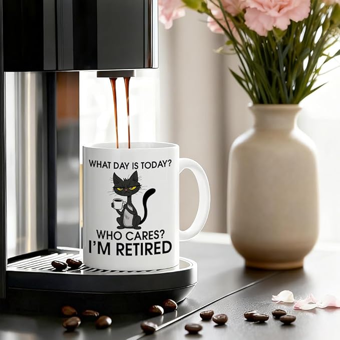What Day Is Today Who Cares Ceramic Coffee Mug for Women Men, Funny Black Cat 11oz Coffee Cup Gifts for Coworker Cat Lover, Retirement Mug Gifts, Present To Retired People