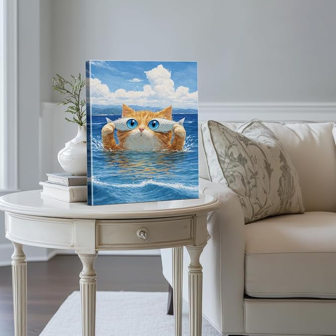 Coastal Fish Cat Wall Art Decor Whimsical Cat Fish Eyes Canvas Print Picture Funny Animal Wall Decor for Home Living Room 8x10 Inch Canvas Framed