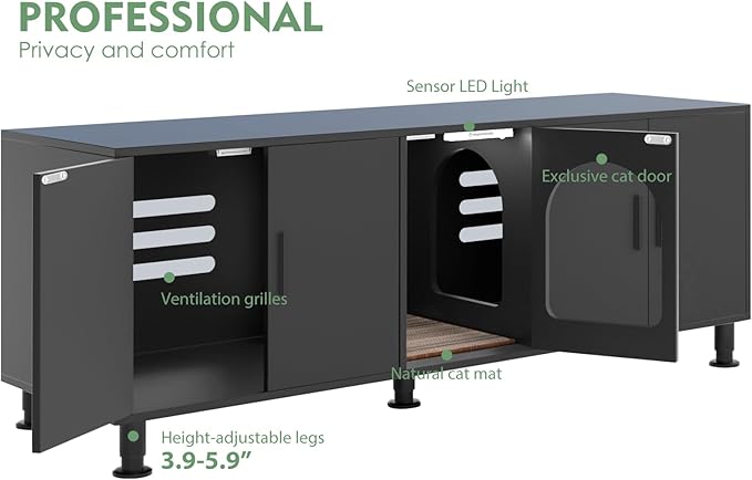 Double Litter Box Enclosure with Cat Scratch Mat & Motion Sensor Light, Wooden Litter Box TV Stand for 2 Litter Boxes & 2 Cats (Black)