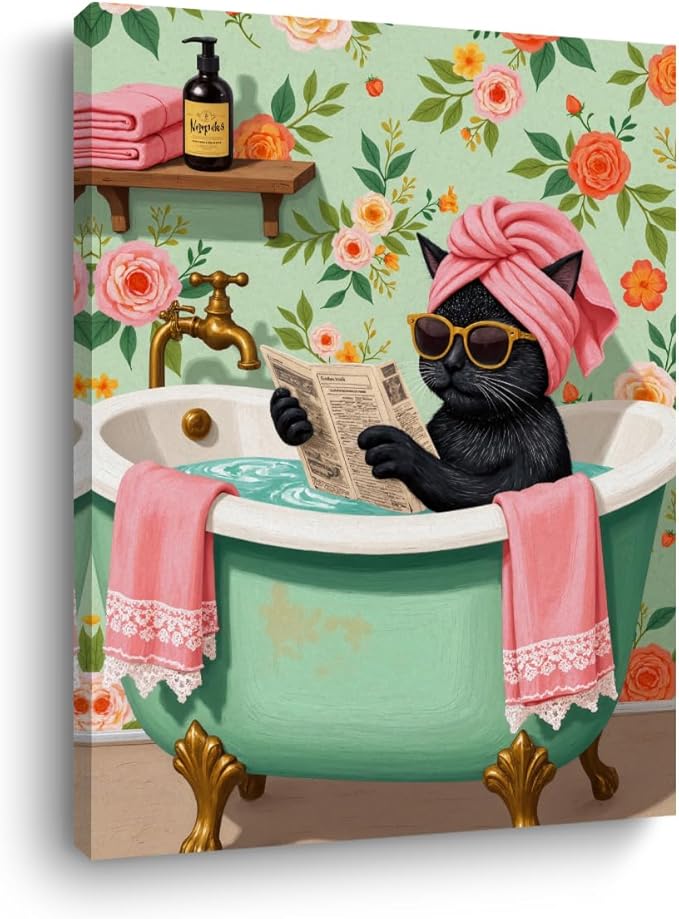 Funny Cat Bathroom Canvas Wall Art, 11.4x15in Cat Framed Art Paintings Wall Decor Unique Gifts And Animal Lover Prints Picture for Living Room Bathroom Kitchen Farmhouse Decor