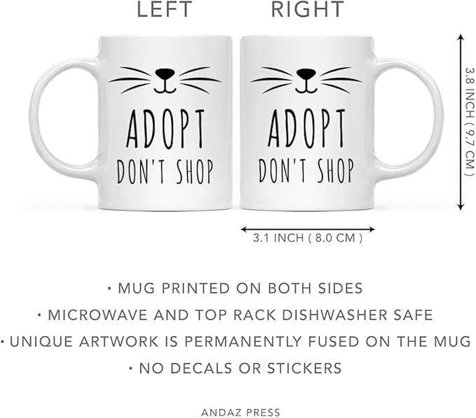 Andaz Press Funny Cat Lover 11oz. Ceramic Coffee Tea Mug, Adopt Don't Shop, 1-Pack, for Cat Mom, Birthday Christmas Ideas, Includes Box