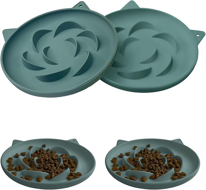Slow Feeder Cat Bowl 2 Packs, Durable Anti-Gulping Cat Food Bowl for Healthy Digestion, Easy to Clean for Wet/Dry Food (Green+Green)