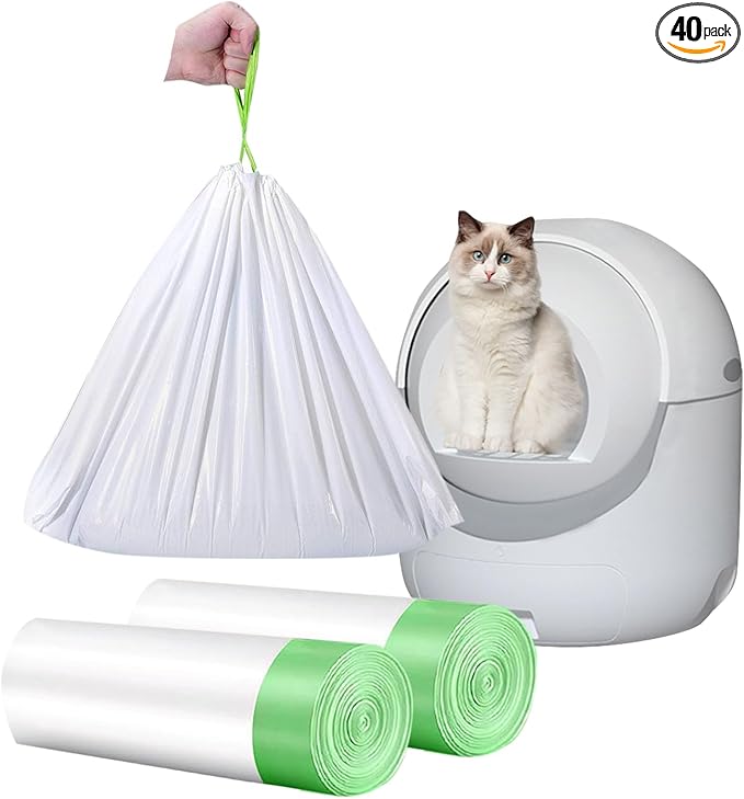 40 Count Cat Drawstring Litter Box Liners 26.6x16.7 inches 2Mils Super Thick for Self-Cleaning Litter Box Cat Litter Pan Trays(Green Drawstring 40 count)
