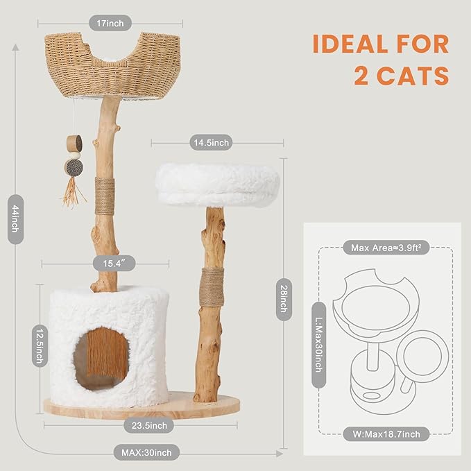 PEGIC Cat Tree Tower with Two Real Branches, 44 INCH Wood Modern Cat Tower with Luxury Cat Condo, Cat Scratching Post, Jumping Platforms, Cat Furniture (Short Plush)