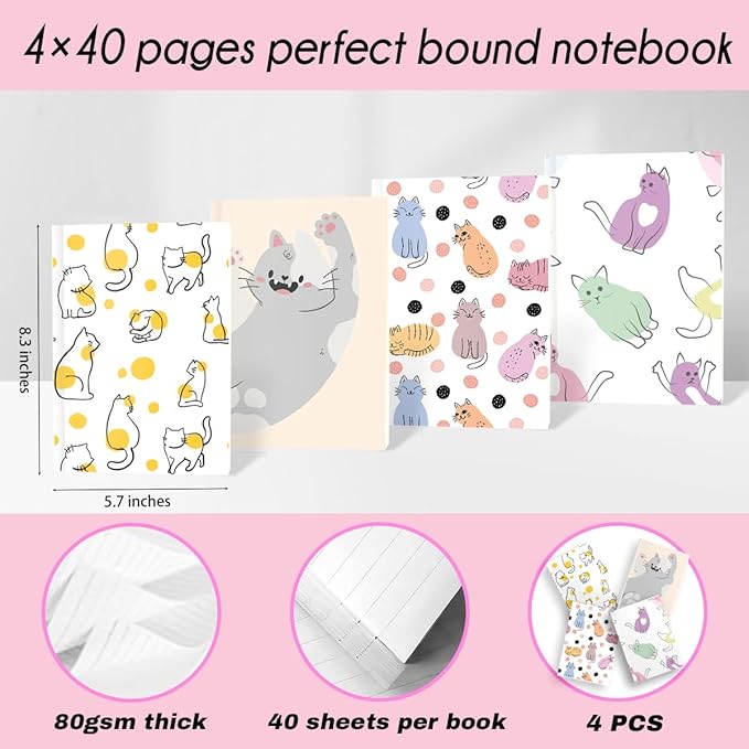 Cat Notebooks for Work, 4 Pcs A5(8.26x5.7inch) College Ruled Notebook Journal for Women, Cute Notepads Lined Journals for Writing, Cute Diary Stationary Cat Lover Gifts 10