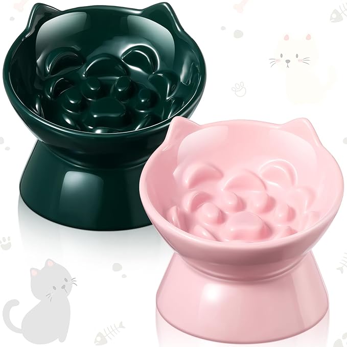 2 Pcs Ceramic Raised Slow Feeder Cat Bowl, 5.91inch Elevated Cat Slow Feeder Bowl Tilted Anti Vomiting for Dry Wet Food and Water Easy to Clean High Edge(Dark Green, Pink)