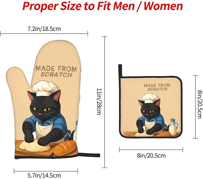 Funny Black Cat Oven Mitts and Pot Holders Set, Heat Resistant Cute Oven Gloves Hot Pads for Cooking Grilling Baking Kitchen Decor, Black Cat Lover Gifts for Chef Baker, Baking Gifts for Women