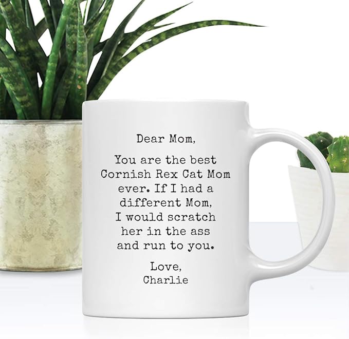 Andaz Press Personalized Funny Mom 11oz. Coffee Mug Gag Gift, Best Cornish Rex Cat Mom, Scratch in Ass and Run to You, 1-Pack, Custom Cat Lover's Christmas Birthday Ideas, Includes Gift Box