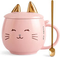 Yuwu Cat Ceramic Coffee Mug with Spoon & Lid, 13.5 oz Novelty Mug with Phone Stand Lid, Kawaii Tea Cup for Women & Cat Enthusiasts