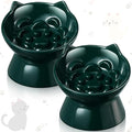 2 Pcs Ceramic Raised Slow Feeder Cat Bowl, 5.91inch Elevated Cat Slow Feeder Bowl Tilted Anti Vomiting for Dry Wet Food and Water Easy to Clean High Edge(Dark Green)
