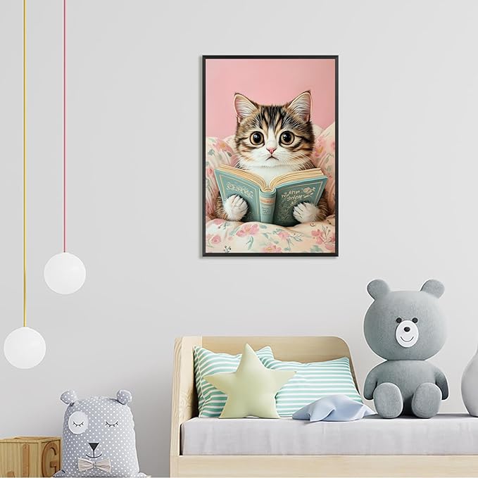 Funky Cute Cats Reading Books Canvas Wall Art Funny Pet Cat Animal Poster Trendy Pink Flower Wall Decor Cat Lovers Prints Painting For Home Bedroom Kids Room Dorm Wall Decor 24x36in Framed