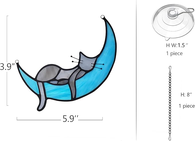 BOXCASA Handcrafted Grey Cat on Moon Stained Glass Suncatcher - Decorative Window Hanging for Cat Lovers, Mothers Day for Women,Mom,Daughter,Wife