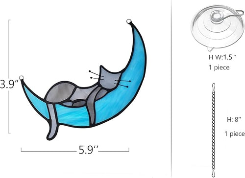 BOXCASA Handcrafted Grey Cat on Moon Stained Glass Suncatcher - Decorative Window Hanging for Cat Lovers, Mothers Day for Women,Mom,Daughter,Wife