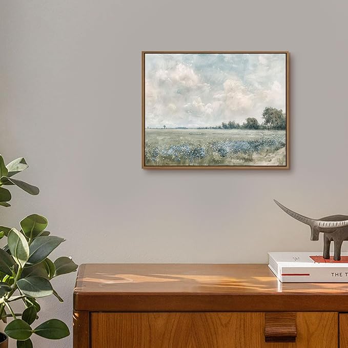 Framed Vintage Landscape Wall Art Vast Grassland Field Canvas Prints Nature Wilderness Scenery Pictures Wall Decor Rustic Wildflower Oil Painting Ready to Hang for Farmhouse Kitchen Decoration, 8"x10"