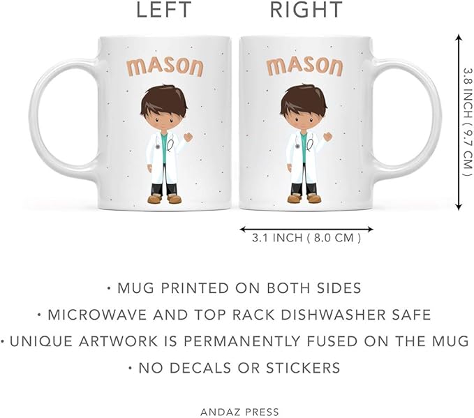 Andaz Press Personalized 11oz. Kids Milk Hot Chocolate Mug, Brown Haired Boy Doctor, 1-Pack, Custom Child’s Birthday Christmas Coffee Cup