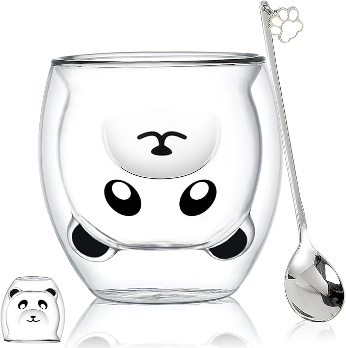 Binoster Panda Mug Cute Mugs Glass Double Wall Insulated Glass Espresso Cup, Kawaii Mug, Coffee Cup, Tea Cup, Milk Cup, Birthday Christmas Gifts(Panda)