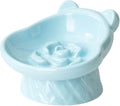 Winnie The Pooh Series Ceramic Slow Feeder Cat Bowl, Raised Anti-Gulping Design with Bear Ears, Pastel Colors, Quilted Pattern Base (Blue)