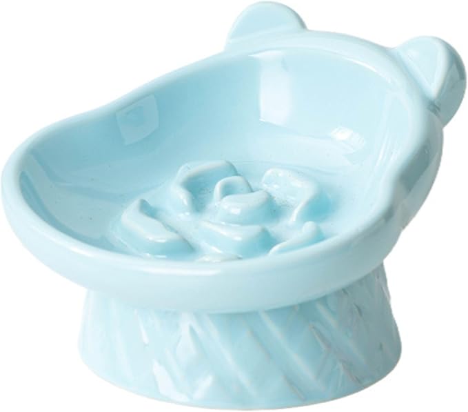 Winnie The Pooh Series Ceramic Slow Feeder Cat Bowl, Raised Anti-Gulping Design with Bear Ears, Pastel Colors, Quilted Pattern Base (Blue)