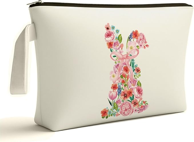 Pink Easter Makeup Bag - Watercolor Floral Easter Bunny Makeup Bag, Watercolor Floral Bunny Themed Gifts for Girls Mom Women, Cosmetic Travel Bags for Women