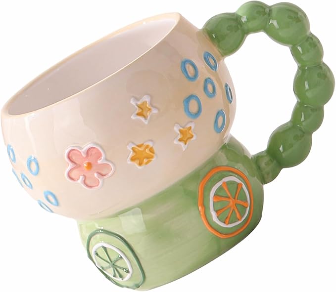 Ceramic Cartoon Coffee Mug,Aesthetic Hand-Painted Creative Ceramic Mug,Cute Mug, Aesthetic Coffee Mug, Ceramic Tea, 12oz/400ml for Tea Coffee, Milk and Oatm(Green-Lemon)