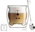 Binoster Cute Mugs Double Wall Glass Coffee Glass Cup Kawaii Bear Tea Milk Cup Funny Mug Animal Mug Aesthetic Cup for Office and Personal Birthday Gift (Happy bear)