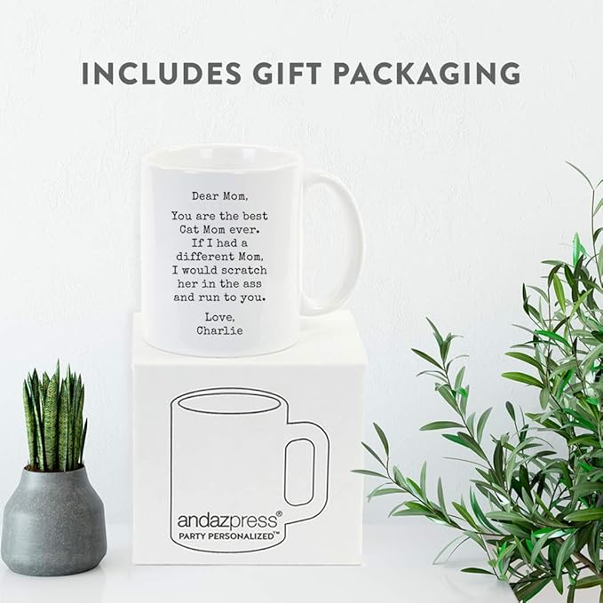 Andaz Press Personalized Funny Mom 11oz. Coffee Mug Gag Gift, Best Cat Mom, Scratch in Ass and Run to You, 1-Pack, Custom Cat Lover's Christmas Birthday Ideas, Includes Gift Box