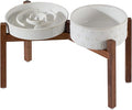 Ceramic 3.2 Cup Raised Slow Feeder Dog Bowl Set, Elevated 8.2inch Bowl and 9.5inch Dish with Acacia Wood Stand for Large Dog, Stop Bloat(2 x Reactived Glaze -White+ Stand)