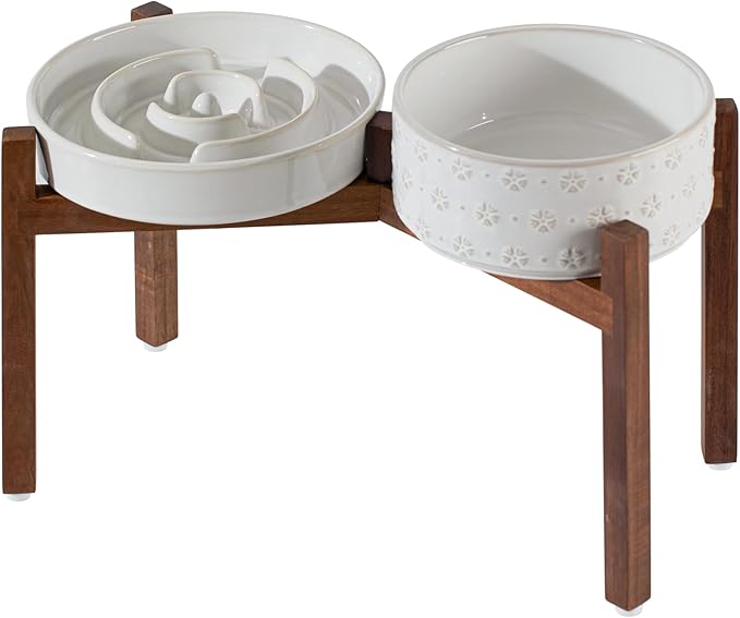 Ceramic 1.6 Cup Raised Slow Feeder Dog Bowl Set, Elevated 7.3inch Bowl and 8.2inch Dish with Acacia Wood Stand for Medium and Large Dog(Reactived Glaze -White