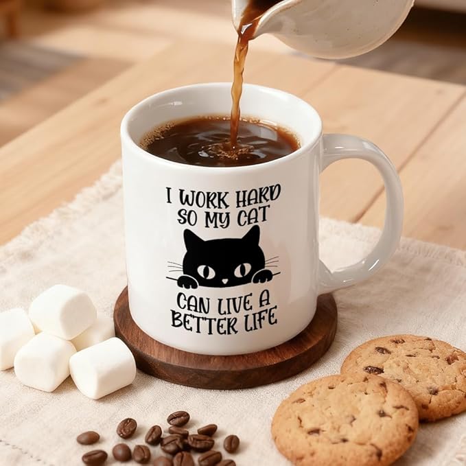 I Work Hard So My Cat Can Live A Better Life Ceramic Mug, Coffee Mug For Pet Owners, Black Cat Theme Drinking Cup for Pets Lover, Thank You Gifts For Friend Family Coworker Coffee Lover