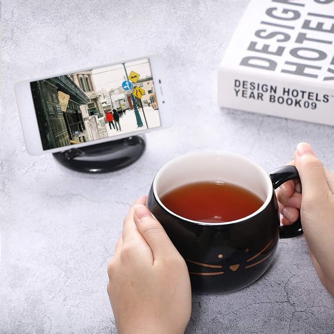 Koolkatkoo Cute Cat Coffee Mug With Cell Phone Holder Lid - Unique Ceramic Tea Porcelain Cup for Cat Lovers - Gold Black Gift for Women