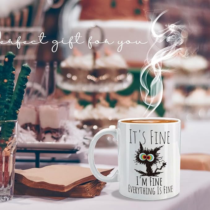 FALJIOK Funny Cat Coffee Mug Gifts for Cat Lover, It's Fine I'm Fine Mug White 11oz, Funny Gifts for Best Friend Bestie, Cats Lover Gift for BIrthday Christmas