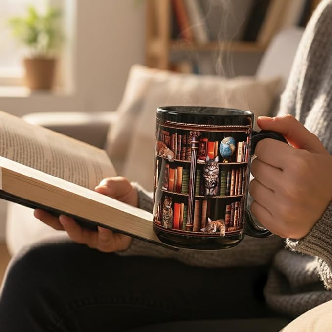 Cat Book Mug Gifts for Book Lovers, Book Lover Bookish Gifts for Readers Bookworm Women 15oz, Library Bookshelf Mug, Bookish Gifts for Librarian, Birthday Gift Idea for Cat Lovers