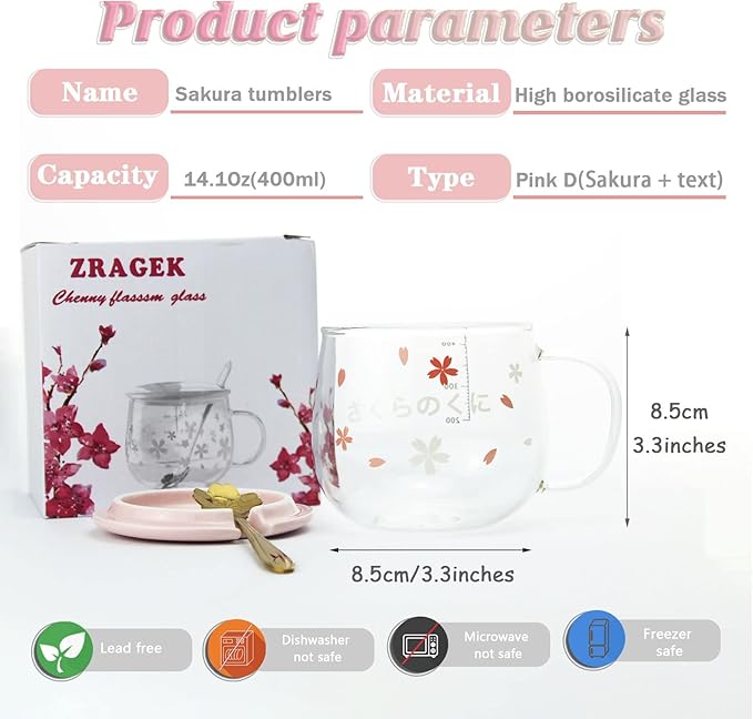 Sakura Cup, Creative Sakura Mug, Cute Heat-resistant Mug, Borosilicate Glass Coffee Cup, Transparent, Gift(Color: Pink D, Size: 3 Piece Set)