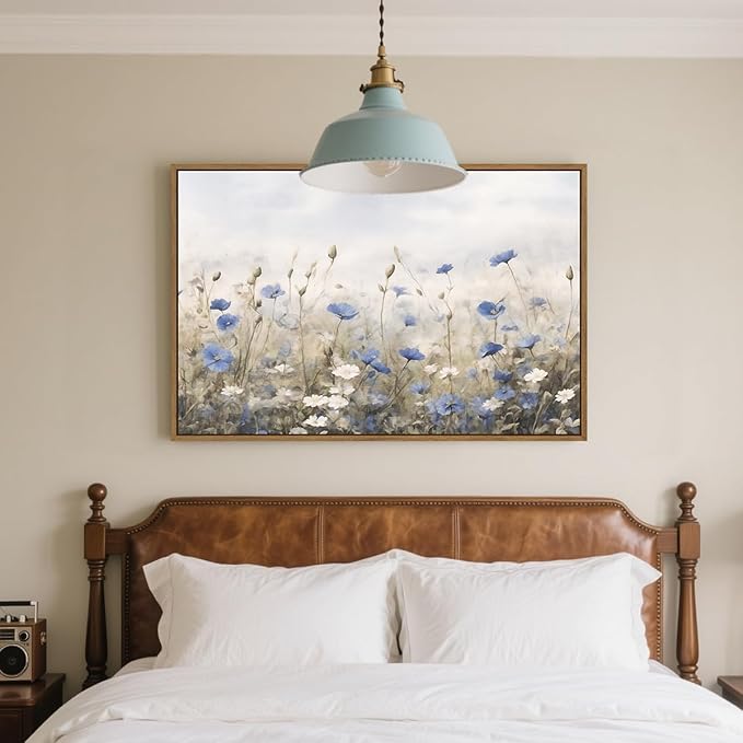 Vintage Floral Wall Art Blue White Flower Canvas Art Prints Wildflower Pictures Wall Decor Nature Landscape Oil Painting Framed Botanical Artwork for Girls Room Bedroom Farmhouse Decoration, 24''x36''