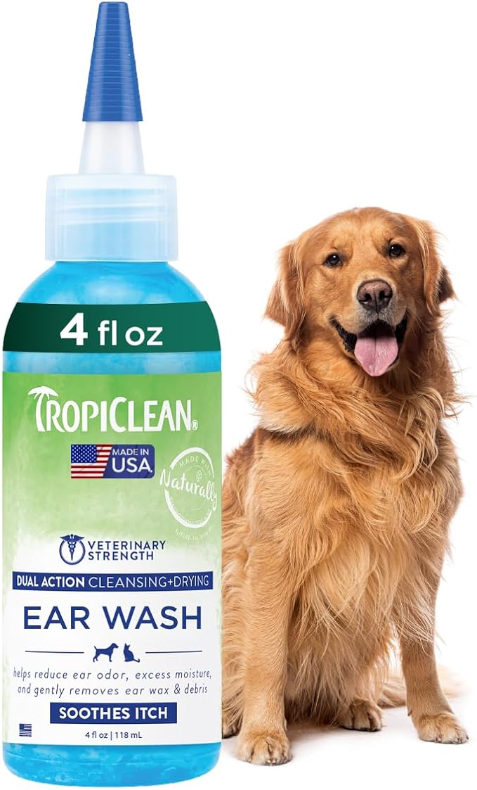 TropiClean Dog Ear Cleaner, Vet Recommended Ear Cleaning Solution for Itch Relief, Daily Use Drops Prevent Infection, Cat Safe, USA Made, 4oz